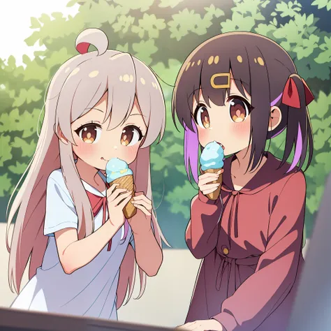 oyamamahiro, oyamamihari, 2girl, eating ice cream, outside, morning, sunshine