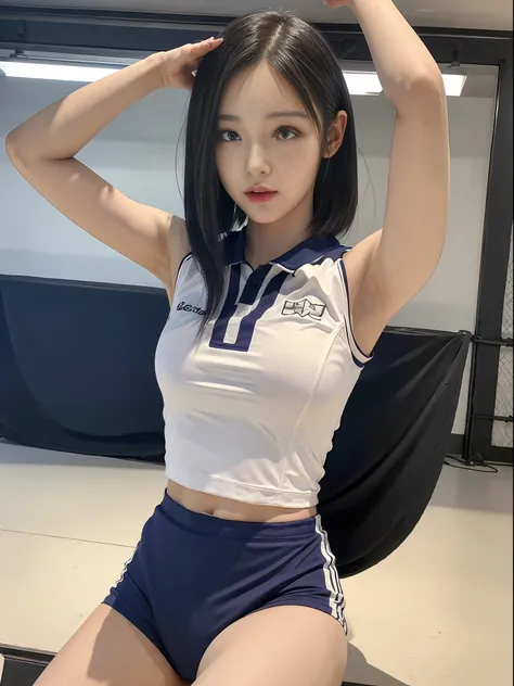 Top quality, 8k, masterpiece: 1.3)), selfie, pretty woman with perfect figure: 1.4, volleyball uniform, highly detailed face and skin texture, detailed eyes, double eyelids, full body image, hands raised and folded behind the head, show armpits
