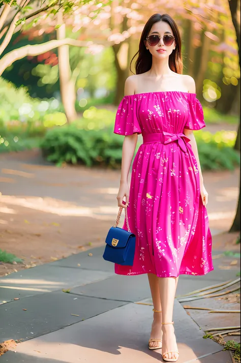 off-shoulder printed dress, low-heeled sandals, high-waisted belt, sunglasses, handbag.