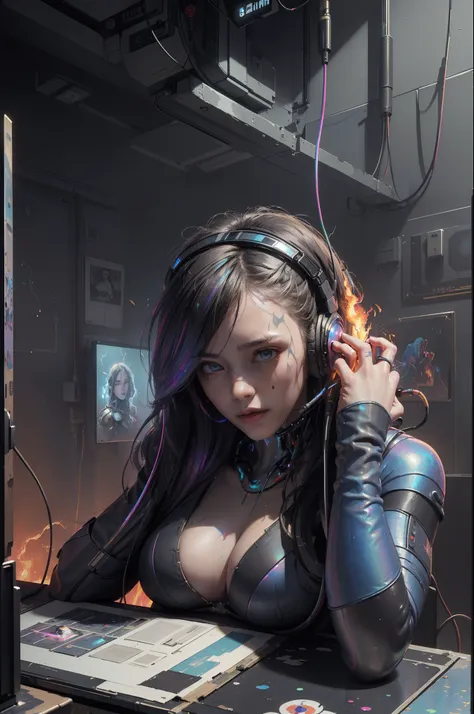 (masterpiece, best quality, highres, absurdres, detailed:1.2), humanoid, robot, wearing headphones, looking away, (cyberpunk, art canvas, paint brush, easel, iridescent, holographic: 1.6), (cables, wires, flames, fire, smoke, overheat, explosion, indoors, ...