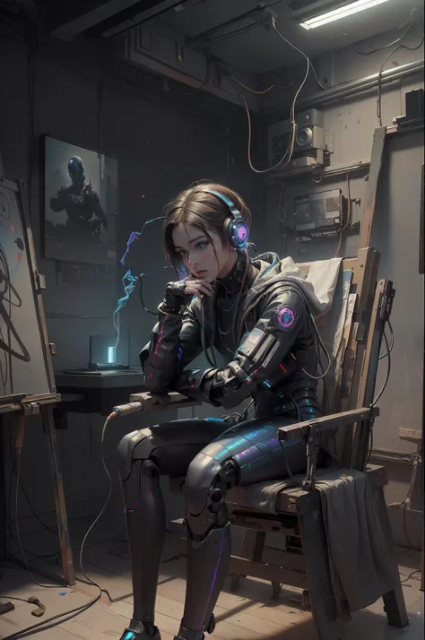 (masterpiece, best quality, highres, absurdres, detailed:1.2), humanoid, robot, wearing headphones, looking away, (cyberpunk, art canvas, paint brush, easel, iridescent, holographic: 1.6), (cables, wires, flames, fire, smoke, overheat, explosion, indoors, ...