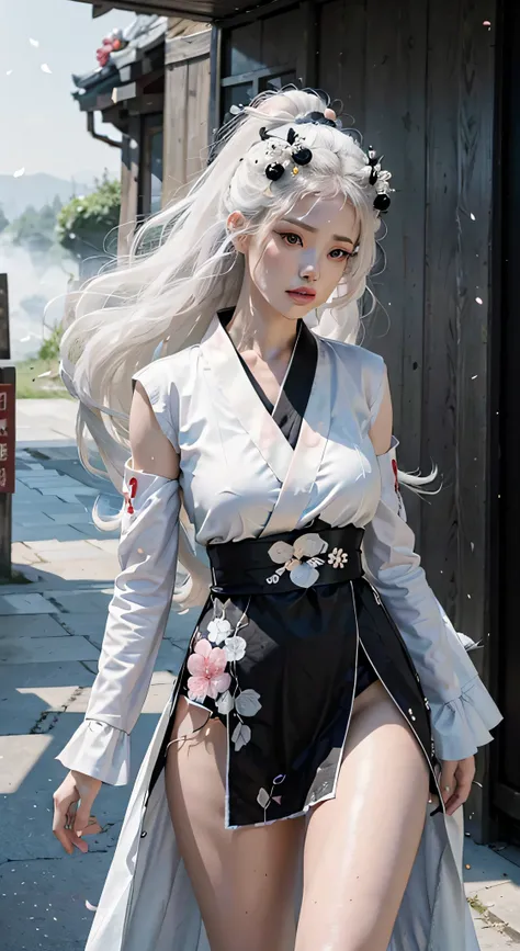 a girl, black and white hanfu, black plum blossom embroidery, white ponytail long hair, long hair flowing, white hair, white vei...