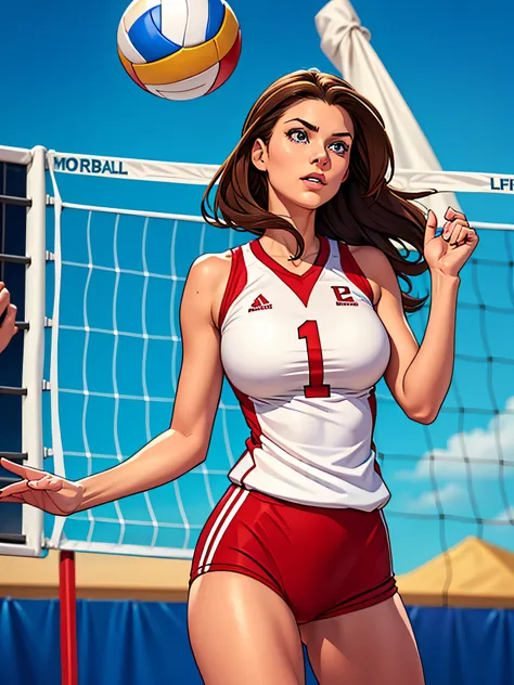 a tall, white, light-eyed, brown-haired woman, playing volleyball