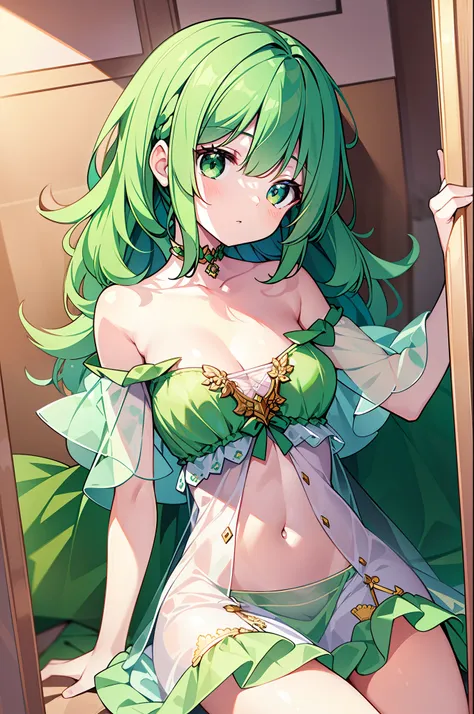 (MASTERPIECE), (Best Quality), (Super Detail), Official Art, One Girl, Lori with Pale Green Hair, Petite Little Girl, Loli, Green and White See-Through Dress, Sleeveless, Off Shoulder, Small, Very Small, Small, Cleavage, Thigh Focus, Navel, Card Illustrati...