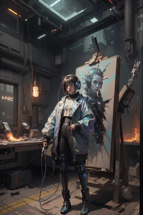 (masterpiece, best quality, highres, absurdres, detailed:1.2), humanoid, robot, wearing headphones, looking away, (cyberpunk, art canvas, paint brush, easel, iridescent, holographic: 1.6), (cables, wires, flames, fire, smoke, overheat, explosion, indoors, ...