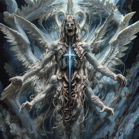 painting of a man with wings and a body on a body of water, elemental guardian of life, glowing angelic being, raziel irl, quality astral projection render, astral ethereal, cosmic horror entity with wings, emanating with blue aura, detailed cosmic angelic...