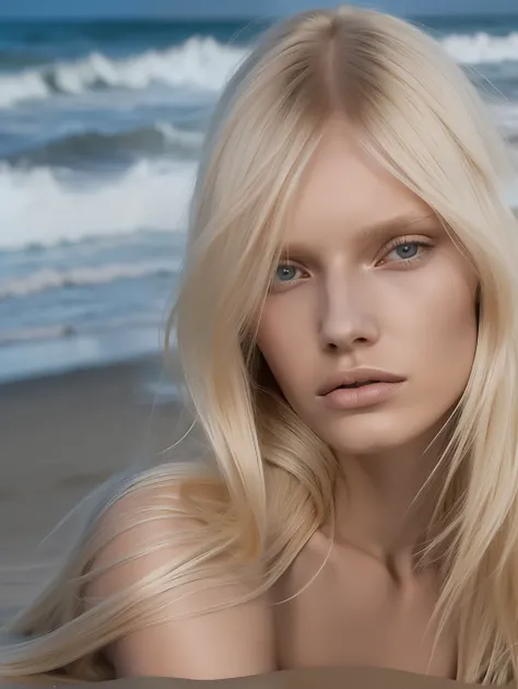 BALENCIAGA 1 woman lying on the beach sand, long blonde hair fluttering, bangs, blonde hair, black suit, black clothes, sharp face, thin face, skinny beautiful face, dark beach, deep shadows, apocalyptic, no light, model, no eyebrow, dark deserted beach, n...