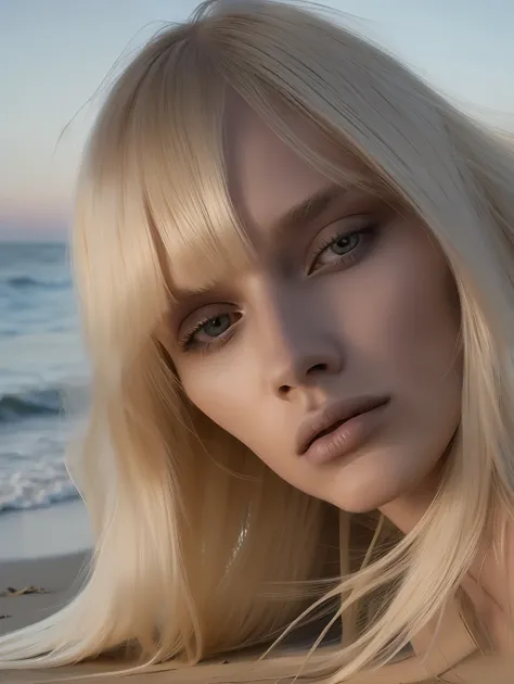 BALENCIAGA 1 woman lying on the beach sand, long blonde hair fluttering, bangs, blonde hair, black suit, black clothes, sharp face, thin face, skinny beautiful face, dark beach, deep shadows, apocalyptic, no light, model, no eyebrow, dark deserted beach, n...
