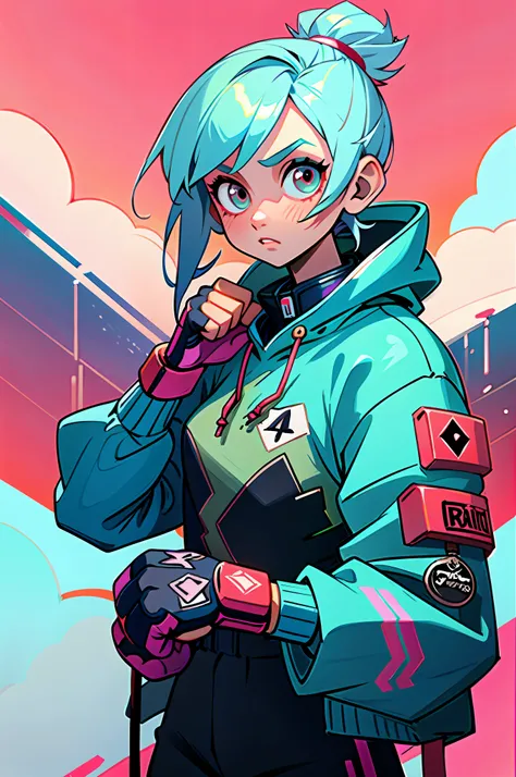 (Best Quality, Masterpiece), 1Girl, Cyberpunk, Sweatshirt, Neon, Cloudy Sky, (Cartoon: 1), metallic boxing gloves