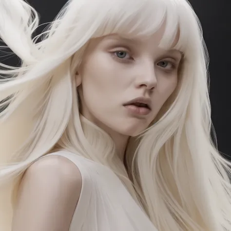 BALENCIAGA 1 woman long blonde hair fluttering, bangs, blonde hair, white dress hopefully falling, white clothing, crisp face, slim face, beautiful face thin, black background, deep shadows, apocalyptic, no light, model, big mouth, lip filler, no eyebrows