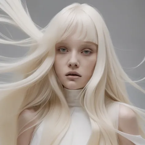 BALENCIAGA 1 woman long blonde hair fluttering, bangs, blonde hair, white dress hopefully falling, white clothing, crisp face, slim face, beautiful face thin, black background, deep shadows, apocalyptic, no light, model, big mouth, lip filler, no eyebrows