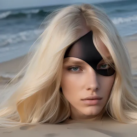 BALENCIAGA 1 woman lying on beach sand, flowing long blonde hair, bangs, blonde hair, black suit, black outfit, crisp face, slim face, skinny beautiful face, dark beach, deep shadows, apocalyptic, no light, model, no eyebrow, dark deserted beach, night, lo...