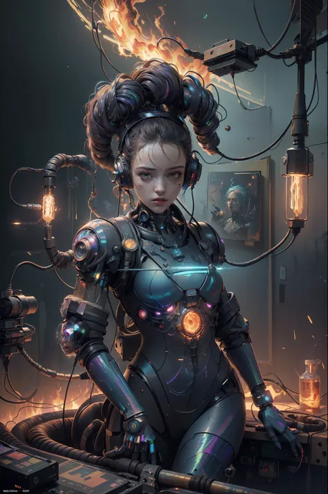 (masterpiece, best quality, highres, absurdres, detailed:1.2), humanoid, robot, wearing headphones, looking away, (cyberpunk, ar...