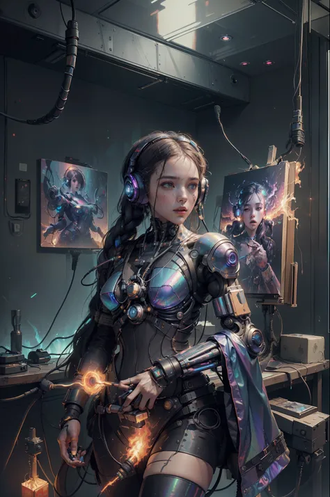 (masterpiece, best quality, highres, absurdres, detailed:1.2), humanoid, robot, wearing headphones, looking away, (cyberpunk, ar...