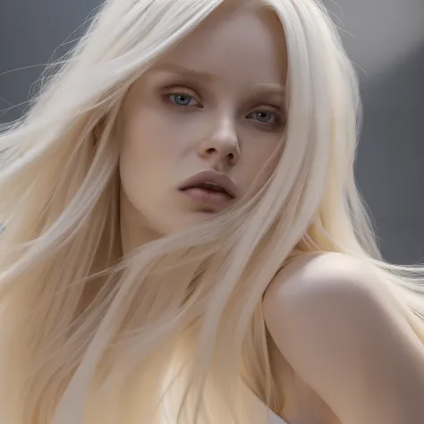 BALENCIAGA 1 woman, avakin life character, avakin life character features, flowing long blonde hair, bangs, blonde hair, white dress hopefully falling, white clothing, crisp face, slim face, beautiful skinny face, black background, deep shadows, apocalypti...
