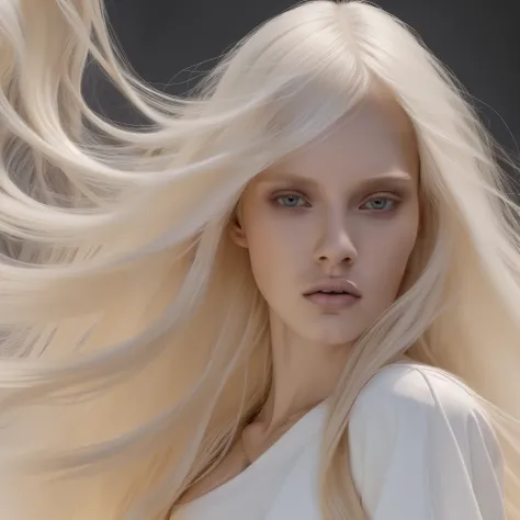 BALENCIAGA 1 woman, avakin life character, avakin life character features, flowing long blonde hair, bangs, blonde hair, white dress hopefully falling, white clothing, crisp face, slim face, beautiful skinny face, black background, deep shadows, apocalypti...