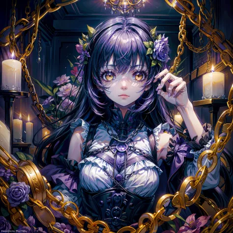 girl in purple flowers, yellow eyes. cute face. serious, eerie, scary, darl room, dark lighting, night , candles, chains, bricks