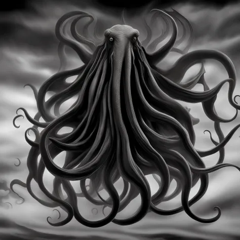 Cthulhu, horror style, horror, gothic, dark, dark, big monster Cthulhu, realistic, masterpiece, giant squid Cthulhu, psychological terror.