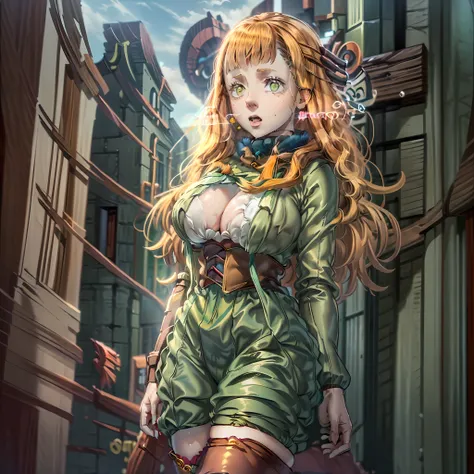 (1girl), (sexy girl), alone, (((detailed face and eyes))),((light green eyes)),(((long straight loose hair)),((soft orange hair)),((extremely red coat)),((brown boots)),((white clothes)), ((brown girdle)),((brown bag)), holding a magic book, 8k, high quali...