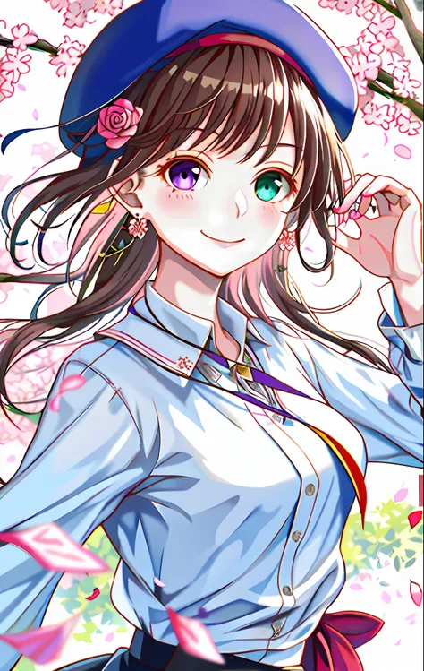 1girl, beret, arm_up, bangs, black_headwear, blue_eyes, branch, brown_hair, cherry_blossoms, closed_mouth, collarbone, confetti, earrings, eyebrows_visible_through_hair, falling_leaves, falling_petals, floating_hair, flower, flower_earrings, ginkgo_leaf, g...