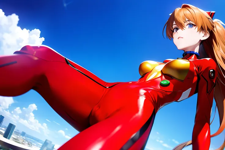 eva 2 towering near-future city asuka blood-red elevated red tight combat suit look into the distance.