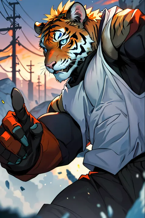 hungry tiger, blue eyes, 3x3 eyes, mecha bullet stone, masterpiece, best quality, dusk, battlefield, muscle male, depth of field...