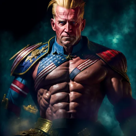 "(((masterpiece))), ultra-realistic, best quality, presidential portrait of John Biden as Guile from Street Fighter, Full body, dramatic lighting, patriotic colors, intimidating facial expression, American flag in the background, dynamic action pose, high ...