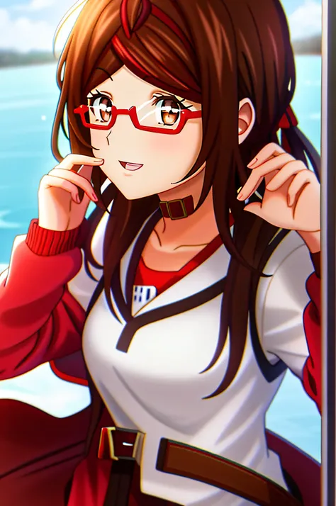 girl, brown hair, brown pupils, brown eyes, glasses, glasses with red frames, red checker in the form of a belt,