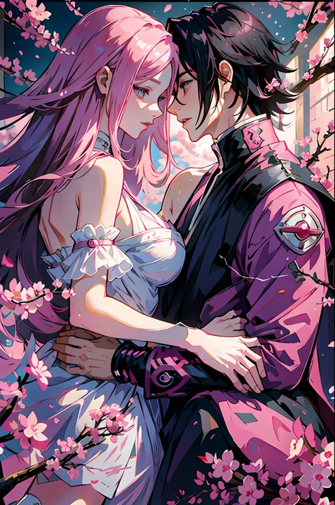 pink haired woman lying in the arms of a black haired man, royalty, nobility, princess, elegant, kiss, high quality, couple, kis...