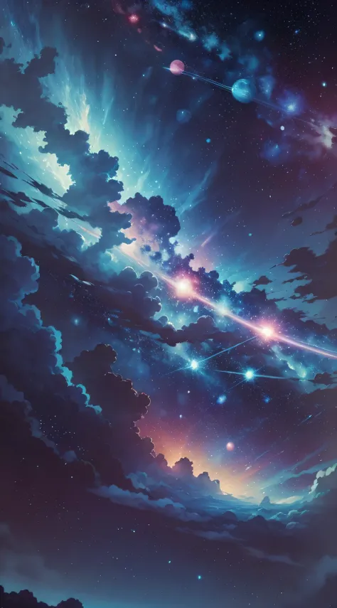 space with all the planets blue and pink colour with bright white stars  background in the style of miyazaki, —ar 21:9 --auto --...