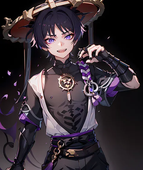 genshin_impact scaramouche_(genshin_impact) highres 1boy alternate_costume black_background black_nails black_shirt black_shorts bridal_gauntlets candle candlelight demon_boy demon_horns demon_tail head_rest horns jewelry lying male_focus on_stomach purple...