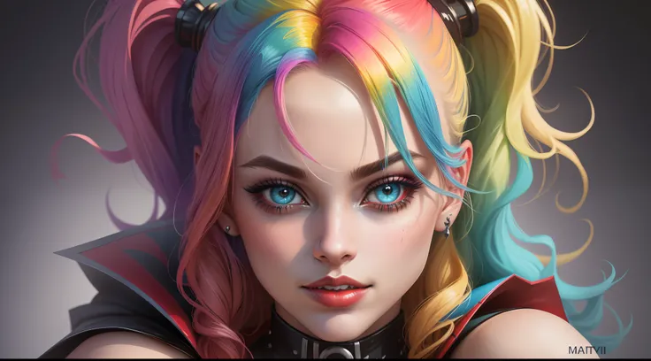 Create a color digital line art portrait of medium photo of the character of harley quinn from margot robbie Include colorful drips, paper texture, and perfect shading, with dramatic lighting. The artwork should be centered, stylized and elaborate, with a beautiful dress, beautiful eyes and a dynamic pose. TanvirTamim. rendered in 8K resolution for high quality detail, 8K image quality, 8k high resolution image, hyper detailed, super realistic, intricate details