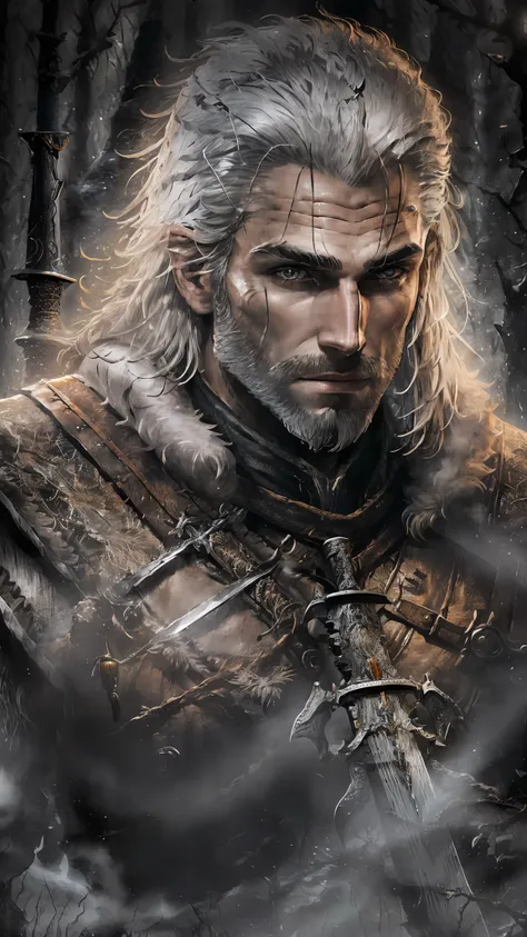 closeup portrait of man (white) with big gray hair, gerald de rivia style hunter costume (the witcher 3), man with muscular silh...