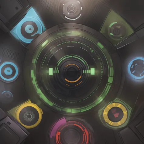 black background holographic robots in different colours in a circle