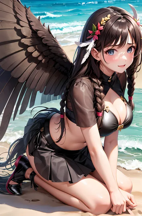 Top quality, ultra high resolution, (photorealistic: 1.4), big. On the back large wings. Brown hair in braids, long braided hair, black feathers on the back. Devils wings. Close your eyes. Blush. In the room. Sweat. Kneeling. Get on your knees. Miniskirt. ...