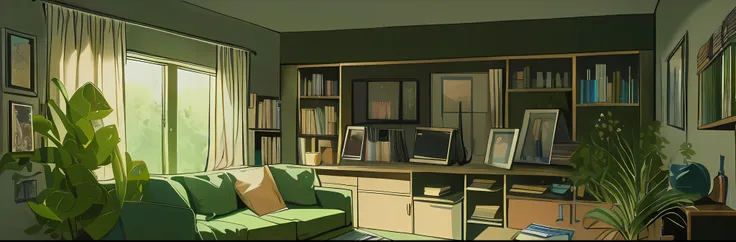 a home office livingroom with bookshelf, picture frame above the couch, maid's room, indoors, no humans, couch, potted plant, pi...