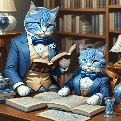 close-up photograph of (Blue and white female tuxedo cat is reading a book:1.2), (c4ttitude:1.3), in the study, hyper realistic and intricate details, (nebulous:1.1) On the table a glass of wine