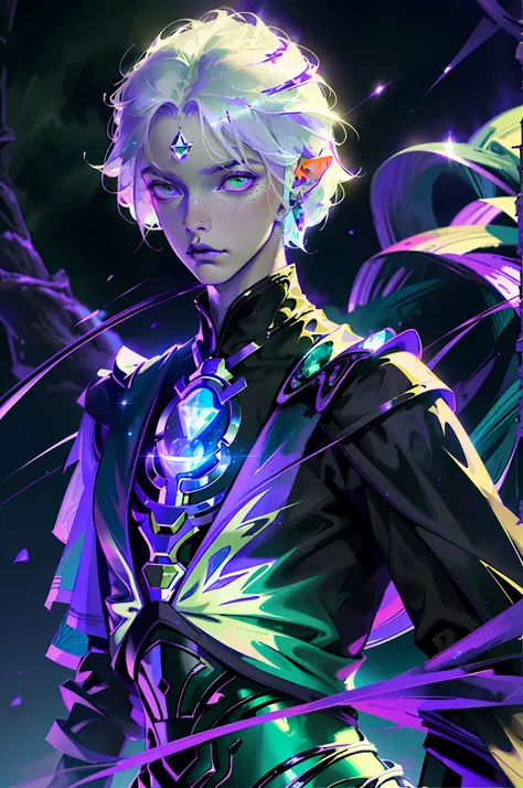 masterpiece, high resolution, high quality, intrincated details, a male elf, magic particles, night landscape, wearing black shi...