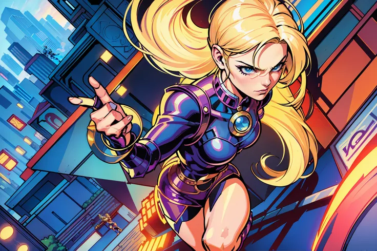 (a blonde heroine landing on a busy street:1.2), (high quality, super detailed, branded by stan lee, jim lee and joe bennet), su...