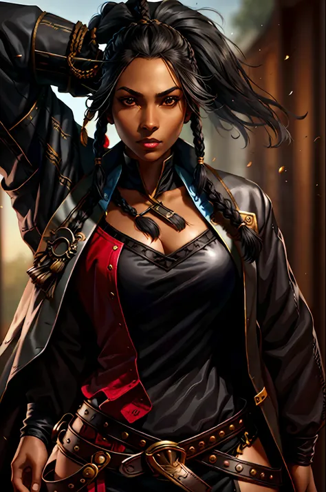 woman, black skin, black hair, long braid, pirate, leather clothes.