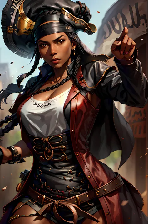 woman, black skin, black hair, long braid, pirate, leather clothes.