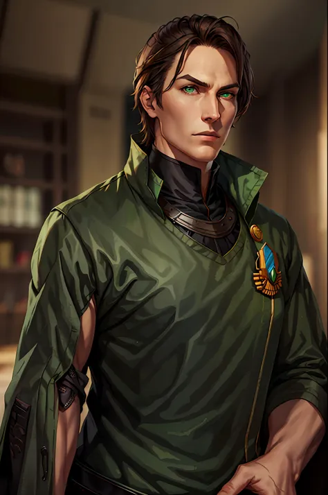 man, brown hair, green eyes, military uniform, villain.