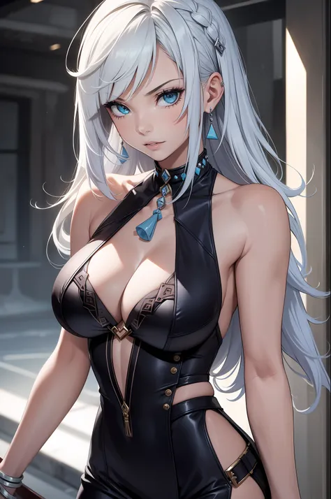 Closeup shot, Best quality, masterpiece, ((1girl, solo:1.2)), tall, beautiful, muscular, wearing a sexy halter neck sleeveless dress, mature, attractive, cool, edgy, dominating, evil, rich, stylish, cleavage, big boobs, model, seductive