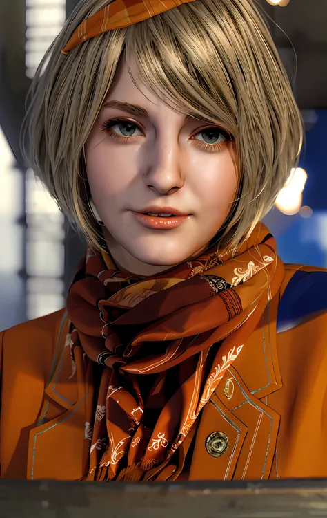 closeup short hair blonde woman, in a facundade, best quality, extremely detailed face, perfect lighting, 1girl, blonde, re4ashl...