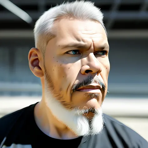 guttonerdvision4, RAW photo, photography, photorealistic, (masterpiece), (extremely complex), photorealistic photo of a beautiful wizard, short beard, white wizard shirt with golden details, white tunic moving in the wind, long white hair, fully clothed, p...