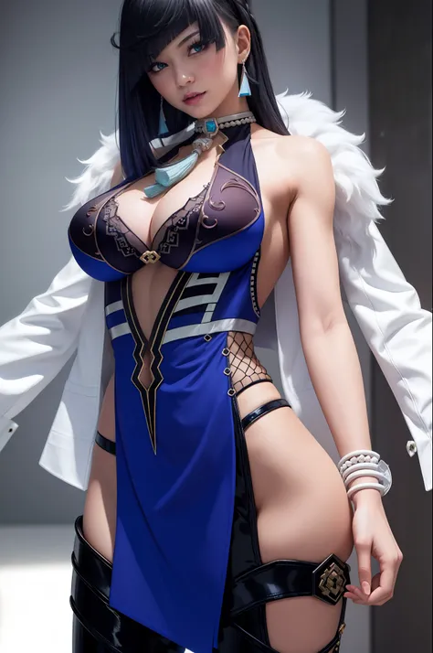 Closeup shot, Best quality, masterpiece, ((1girl, solo:1.2)), tall, beautiful, muscular, wearing a sexy halter neck sleeveless black dress, mature, attractive, cool, edgy, dominating, evil, rich, stylish, cleavage, big boobs, model, seductive