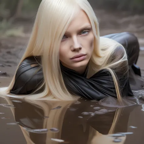 BALENCIAGA 1 woman, avakin life character, avakin life character features, flowing long blonde hair, bangs, blonde hair, transparent black dress, transparent black clothing, sharp face, thin face, skinny beautiful face, lying in the mud, lying on the dirty...