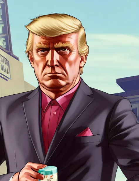 gtav style, blonde hair, no glasses, man, trump, president, square face, bad face, flat hair, holding laundry soap