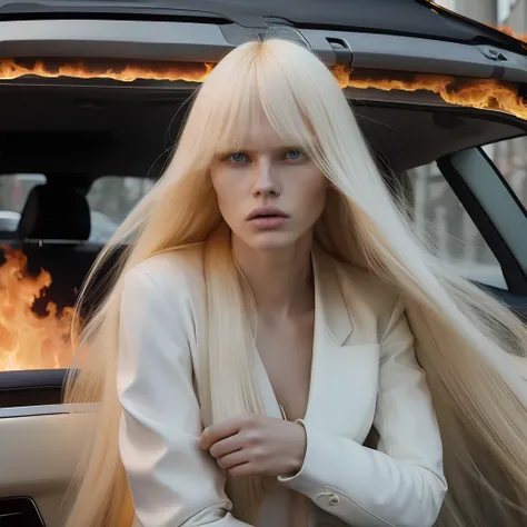 BALENCIAGA 1 woman long blonde hair fluttering, bangs, blonde hair, crisp face, thin face, beautiful face thin, deep shadows, apocalyptic, no light, model, big mouth, lip filler, no eyebrow, closed mouth, straight bangs in the eye, inside flaming car, cras...