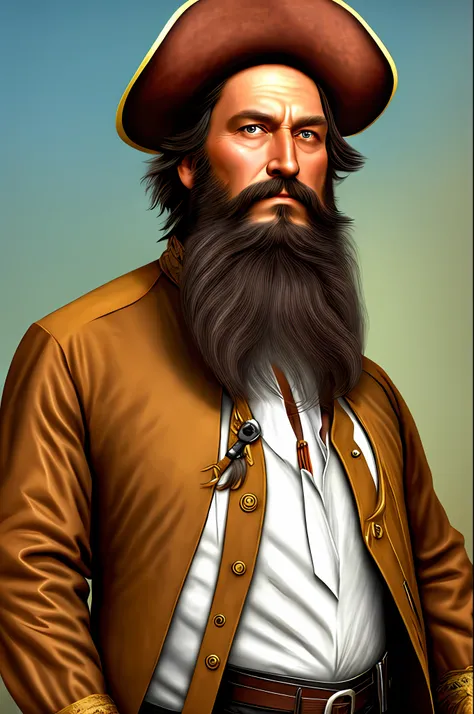 man, american, long brown hair, pirate, big beard, brunette, tall and relatively strong, a little old.